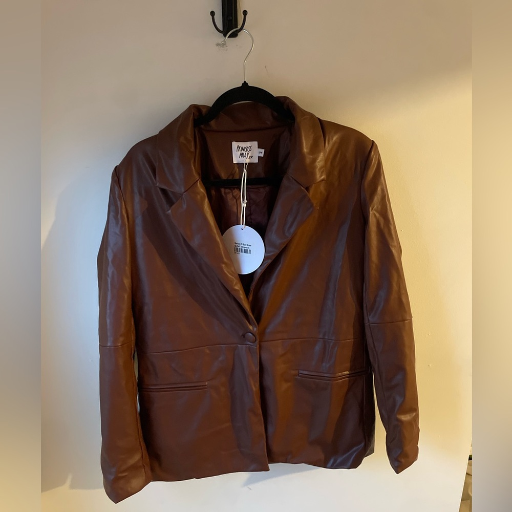Princess Polly Faux Vegan Leather Brown Blazer Jacket Small / Medium